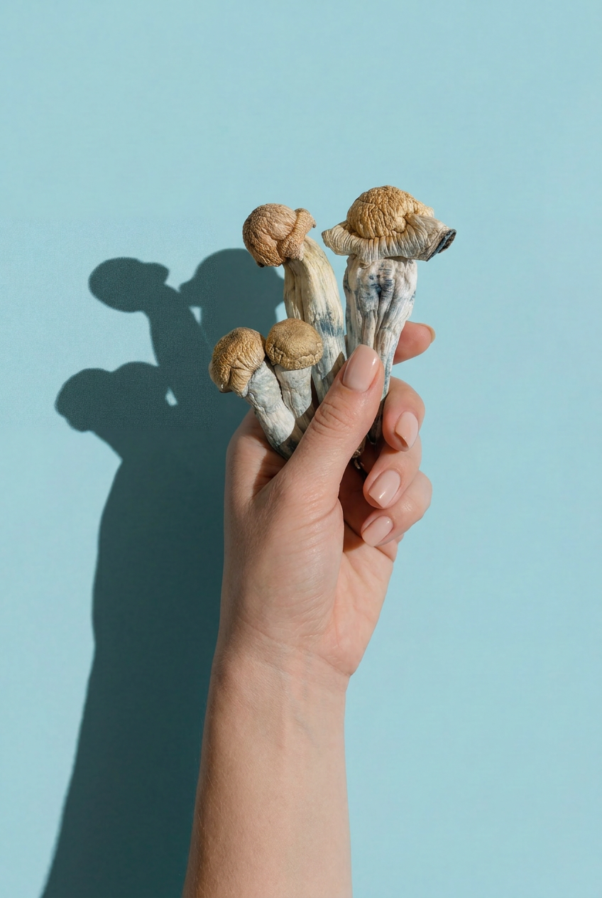 Hand holding three small mushrooms against a light blue background
